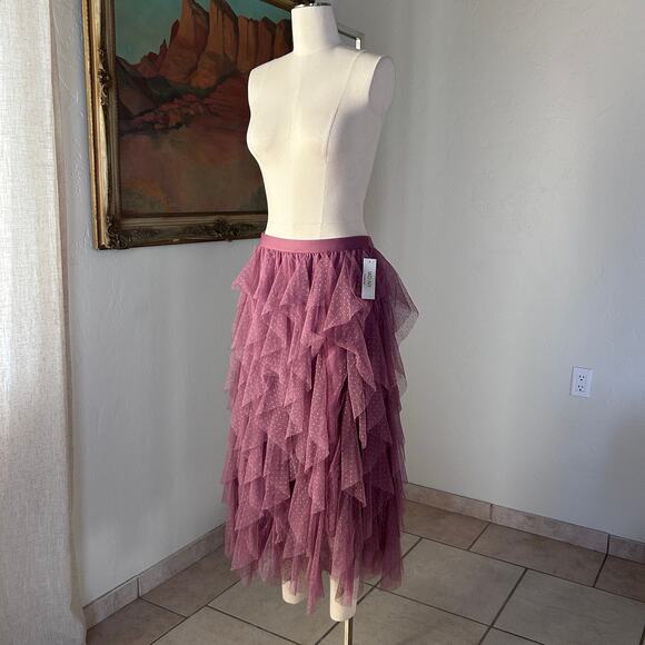 Fairycore Tulle Ruffle Midi Skirt Polka Dot Layered Mesh Pink L WD NY NWT - Picture 5 of 10